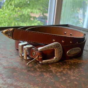 Brighton Men’s Brown Leather Belt with Silver Buckle & Conchos. Style#39107 40